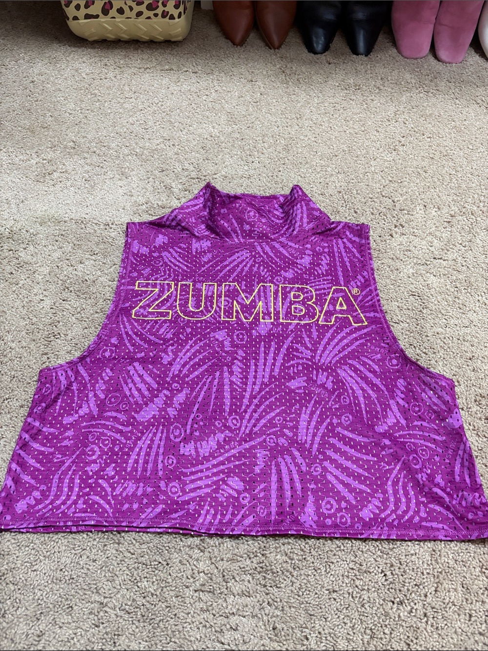 Zumba Fitness Purple Patterned Sleeveless Crop Top with Yellow Logo
